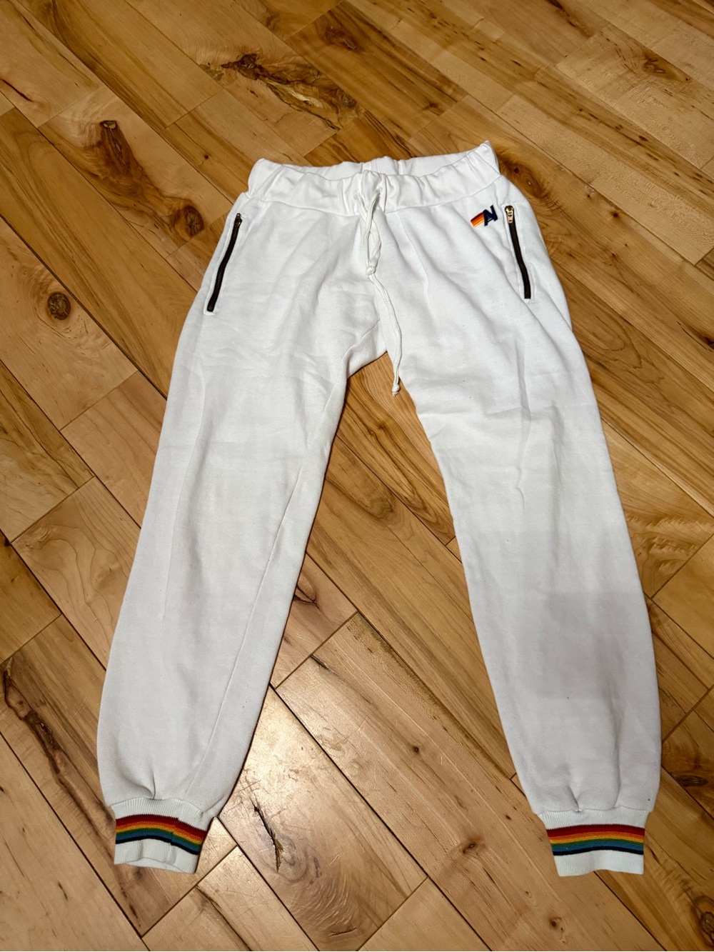Aviator Nation White Joggers with Subtle Rainbow Tag